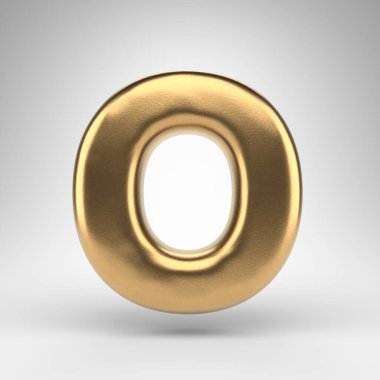 Beyaz arka planda 0 büyük harf. Parlak metal desenli altın 3D yazı tipi.