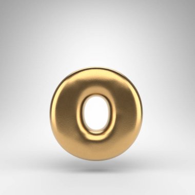 Beyaz arka planda O harfi küçük harf. Parlak metal desenli altın 3D yazı tipi.