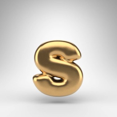 Beyaz arka planda S harfi küçük harf. Parlak metal desenli altın 3D yazı tipi.