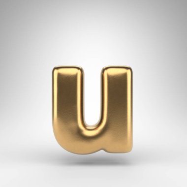 Beyaz arka planda U harfi. Parlak metal desenli altın 3D yazı tipi.