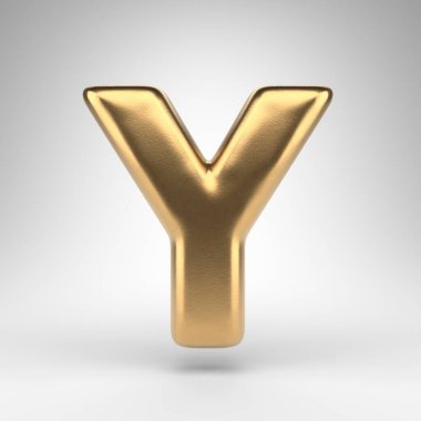 Beyaz arka planda Y büyük harfi. Parlak metal desenli 3D altın harf.
