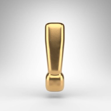 Beyaz arkaplanda ünlem işareti sembolü. Parlak metal desenli altın 3D tabela.