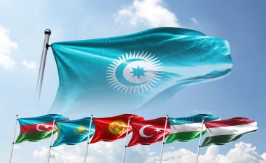 Türk the Teskilati ve Türk Konseyi Bayrak. Tercüme: Türk Ülkelerinin Organizasyonu ve Türk Konseyi Bayrağı