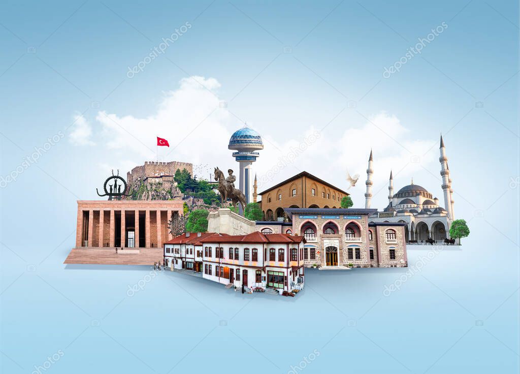 Ankara kolaj calismasi, tarihi mimariler ve gezilecek mekanlar. Translation: Ankara collage work, historical architectures and places to visit.