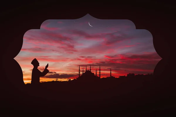 Módl Się Meczet Zachód Słońca Niebo Święta Islamska Noc Sylwetka — Zdjęcie stockowe