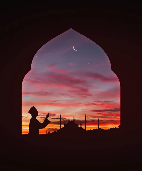 Och Moské Solnedgång Himmel Helig Och Islamisk Natt Och Silhuett — Stockfoto