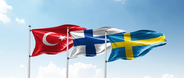 Ankara Turkey May 2022 Flags Turkey Finland Sweden — стокове фото