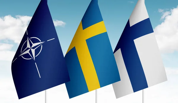 Stockholm Sweden - May 12, 2022. Flags of Sweden, Finland and NATO.