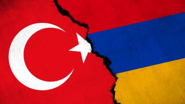 Turkey and Armenia conflict. Country flags on broken wall