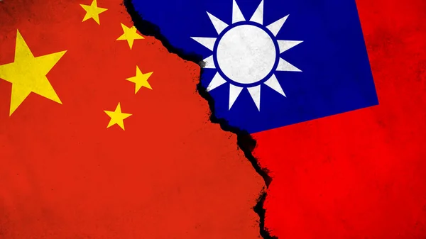 China and Taiwan conflict. Country flags on broken wall