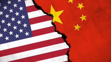 China and United States of America conflict. Country flags on broken wall