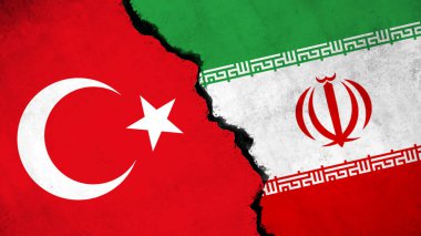 Turkey and Iran conflict. Country flags on broken wall
