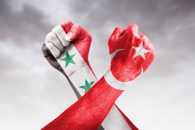 Syria vs Turkey war, crisis, country flags and fist
