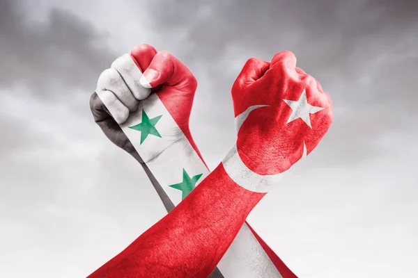 Syria Turkey War Crisis Country Flags Fist — Stock Photo, Image