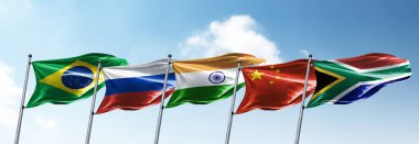 the national flags of the five countries which are member states of the BRICS association