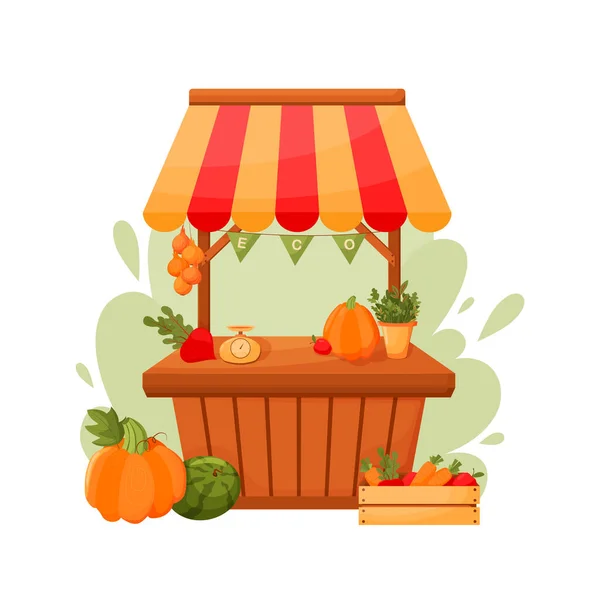 Gegenstoßtor Herbstliche Gemüsetheke Mit Obst Und Gemüse Regalen Und Kisten — Stockvektor