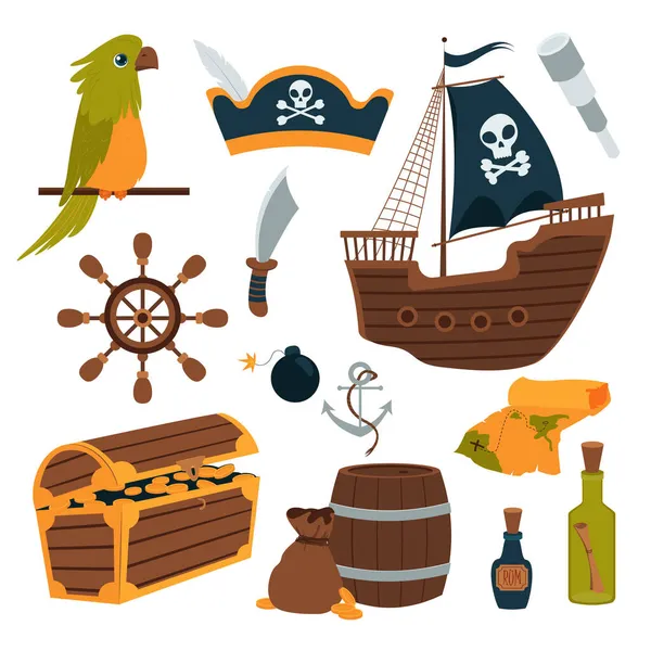 Ensemble de pirate, voilier, perroquet, ancres et cartes, coffre au trésor, chapeau de pirate isolé sur fond blanc. Thème du piratage. Illustration vectorielle bébé en style dessin animé plat — Image vectorielle