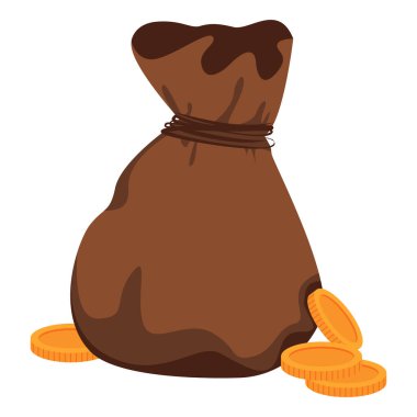 Para dolu altın paralarla dolu eski bir tekstil çantası. Beyaz arka planda izole edilmiş bir çanta altın.