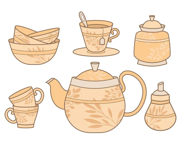 Керамические посуда, сервис, чайник, миски и чашки изолированы на белом фоне. Векторный набор керамических посуды с цветочными орнаментами. Коллекция декоративных предметов для интерьера — стоковый вектор
