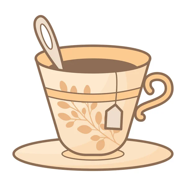 Векторна керамічна кухня з чаєм, ізольованим на білому тлі. Чай з чайними мішками в пласкому стилі. Керамічне столове приладдя з орнаментами з листя. Намальована вручну кольорова векторна ілюстрація. Дизайн плоті. — стоковий вектор