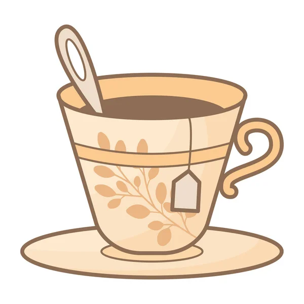 Taza de cerámica vectorial con té aislado sobre fondo blanco. Taza con bolsitas de té en un estilo plano. Vajilla de cerámica con adornos de hojas. Ilustración vectorial dibujada a mano. Diseño plano. — Archivo Imágenes Vectoriales