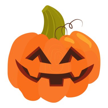 Cadılar Bayramı için beyaz arka planda izole edilmiş balkabağı çizimi. Halloin yerine korkunç suratlı, yassı balkabağı. Beyaz arka planda sebzeler. Cadılar Bayramı dekor resmi.