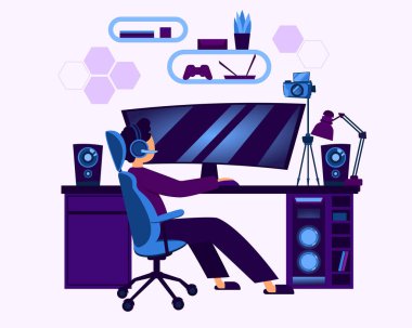 E-sporcu oyuncu çevrimiçi video oyunu ve dizüstü bilgisayarı ile canlı yayın yapıyor. E-spor yayını, canlı yarışma programı, online yayın işi konsepti. Parlak canlı mor vektör izole edilmiş illüstrasyon.