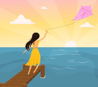 Arka planda güzel bir manzarası olan uçurtma çalan bir kızın vektör çizimi. Uzun siyah saçlı ve sarı elbiseli bir kız uçurtma çalıyor..
