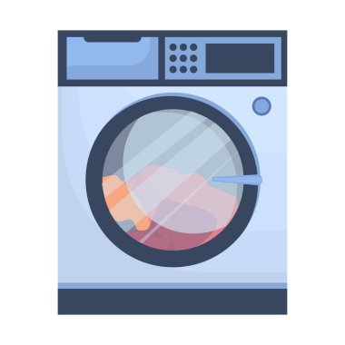 Beyaz arka planda izole edilmiş otomatik bir çamaşır makinesinin vektör çizimi. Çamaşır yıkamak için mükemmel bir çamaşır makinesi teknolojisi. Çamaşır konsepti, temizlik ve düzen