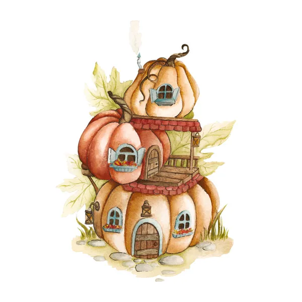 Akvarel detailní ilustrace vícestranného dýňového domu s dřevěnými dveřmi a okny. Ručně malovaný podzimní pohádkový dům v lese. Dýňový dům izolované na bílém pozadí. — Stock fotografie