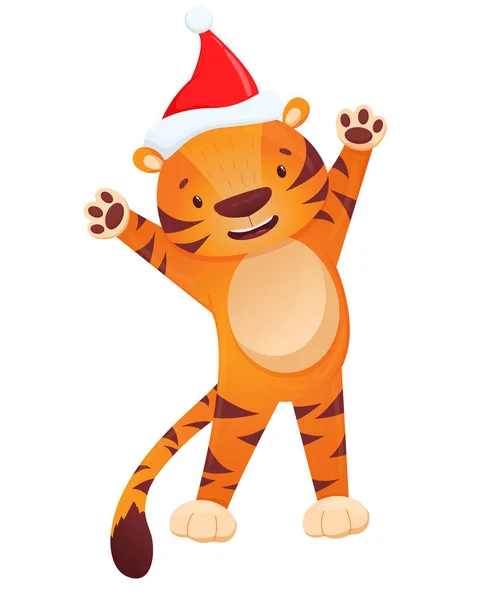 Charakter von niedlichen Baby-Tiger in Weihnachtsmütze isoliert auf weißem Hintergrund. Vektor-Tigerjunges im flachen Stil, Weihnachten 2022 — Stockvektor