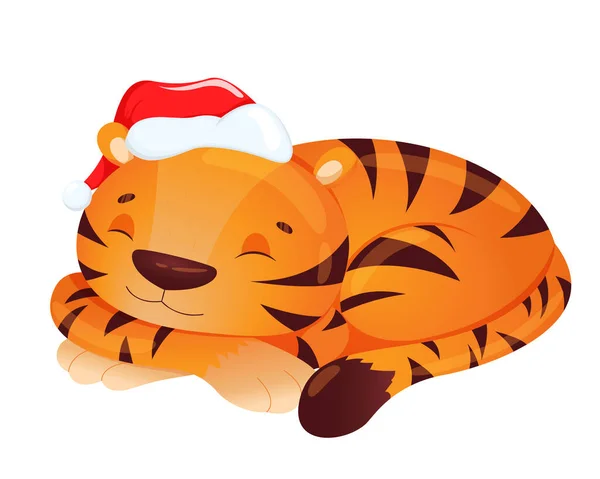 Nette Illustration eines Tigerjungen in einem Winter-Weihnachtsmann-Hut, der isoliert auf weißem Hintergrund schläft. Vektorillustration des Tiersymbols von 2022 im Cartoon-Stil — Stockvektor