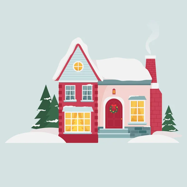 Casa Inverno Vettoriale Stile Piatto Casa Natale Stilizzata Tipografia Auguri — Vettoriale Stock