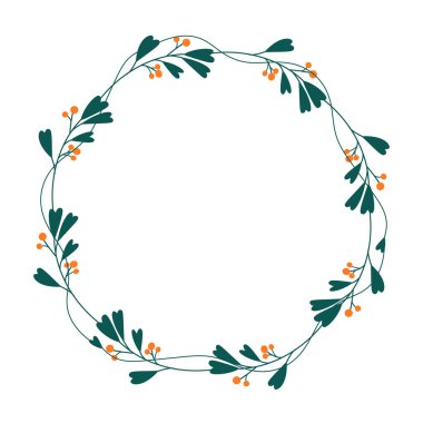 Çimenden yapılmış çiçek çelengi. El yapımı yabani otlar ve çiçekler. Botanik illüstrasyon. Mesaj, tırnak ya da logo koymak için harika. Yuvarlak çerçeve ya da sınır. Vektör illüstrasyonu