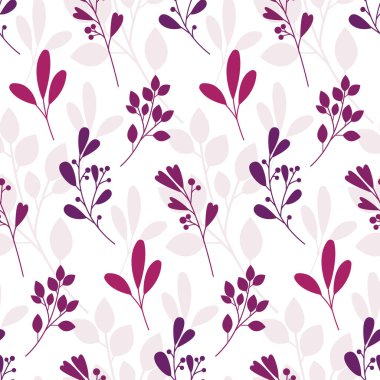 Beyaz renkli arka planda yaprakları ve dalları olan kusursuz bir vektör deseni. Moda ve parmak uçlarınızda el çizimi şekiller. Moda tasarım tarzında botanik desen.