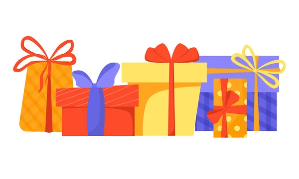 Grande pile de boîtes-cadeaux emballées colorées. Beaucoup de cadeaux. Illustration vectorielle de style plat isolée sur fond blanc . — Image vectorielle