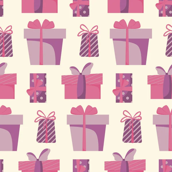 Modèle vectoriel sans couture avec des boîtes-cadeaux dans un style plat. Conception de papier cadeau de Noël. Emballage cadeau festif. Lumineux et beau motif de Noël — Image vectorielle