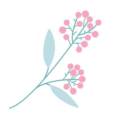 Beyaz arka planda yapraklar ve böğürtlenler olan vektör dalı. Çiçek elementleri, yapraklar, dallar, kalpler. Botanik çizimler. Kalpler ve böğürtlenli pastel dallar. Tasarım için dal