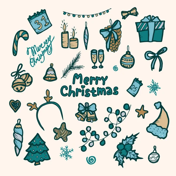 Ensemble vectoriel d'articles de Noël en style doodle. Eléments de conception pour cartes de vœux. Modèle mignon et dans des couleurs claires sur un fond blanc. — Image vectorielle