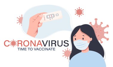 Banner 'da maske takmış bir kız ve virüslü bir kadın var. Aşı için bir çağrı. OMICRON koronavirüsü. Omicron virüsü B.1.529. Virüs hücreleri ve pozitif covid testleri olan bir geçmiş. Pankart.