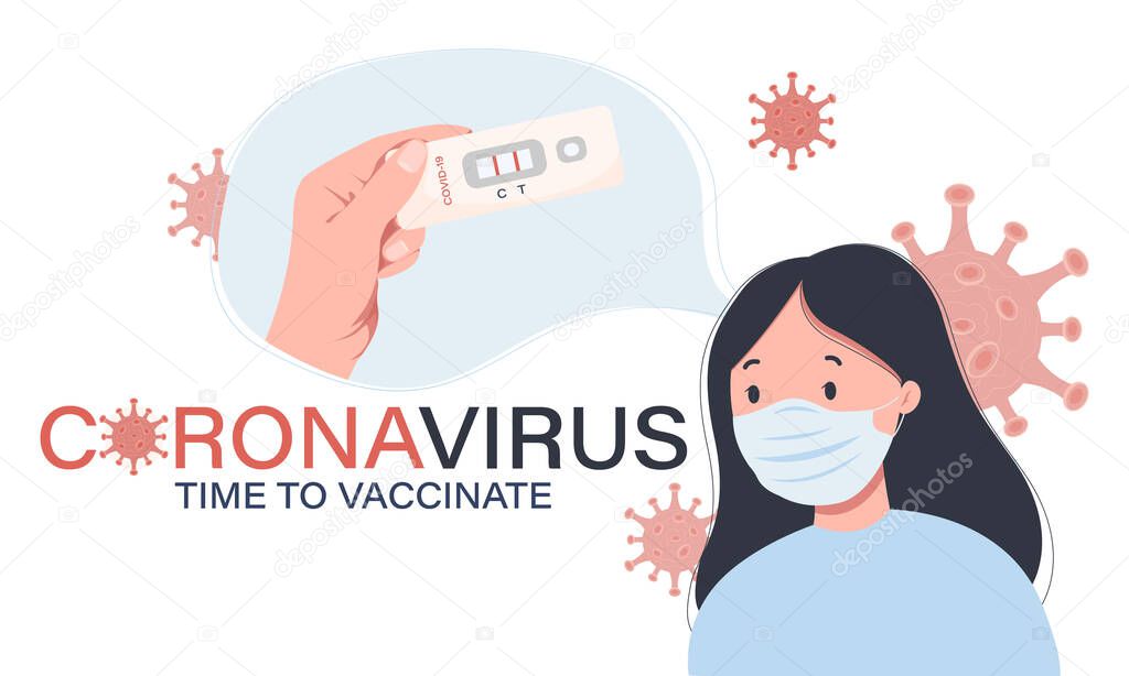 Banner with a girl in a mask and covid viruses around, a call for vaccination. OMICRON coronavirus strain. Omicron virus B.1.1.529. Background with viral cells and positive covid test. Banner.