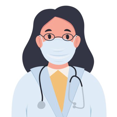 Doktor kadın beyaz arka planda izole edilmiş. Beyaz önlüklü ve koruyucu maskeli bir doktor. Bir sıhhiyenin düz bir şekilde vektör çizimi. Beyaz arka planda düz bir doktor. Corona virüs testi.
