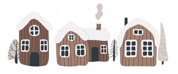 白い背景に隔離された北欧スタイルの冬の家のベクトルセット 北欧風 白い窓と煙突のある雪に覆われた木造住宅のベクトル図 — ストックベクタ