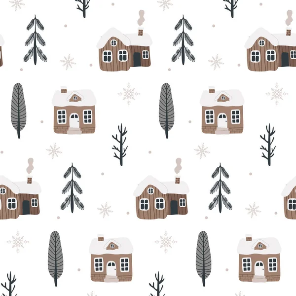 Seamless Scandinavian Pattern Hand Drawn Houses Mountains Trees Vectral Pattern — Stock Vector