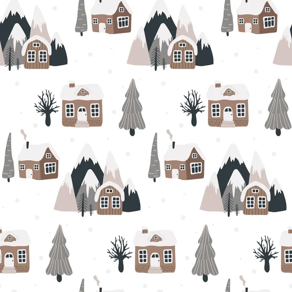 Elle Çizilmiş Evler Dağlar Ağaçlarla Kusursuz Skandinav Desenleri Bebek Tekstil — Stok Vektör