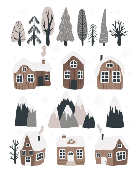 Maisons Montagnes Arbres Dans Style Scandinave Doodle Ensemble Vectoriel Graphique — Image vectorielle