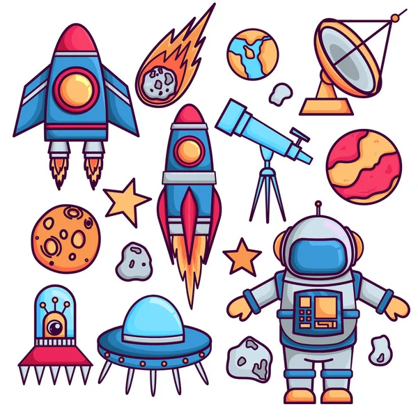 矢量以空间为主题 卡通科幻空间背景 矢量图解 宇航员在太空中 不明飞行物 宇宙飞船 恒星的一组彩色图像 — 图库矢量图片