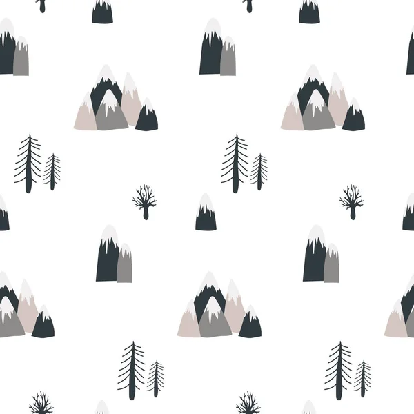 无缝隙的斯堪的纳维亚模式与手工绘制的山和树 婴儿用品 礼品纸 婴儿房屋设计的病媒图案 — 图库矢量图片