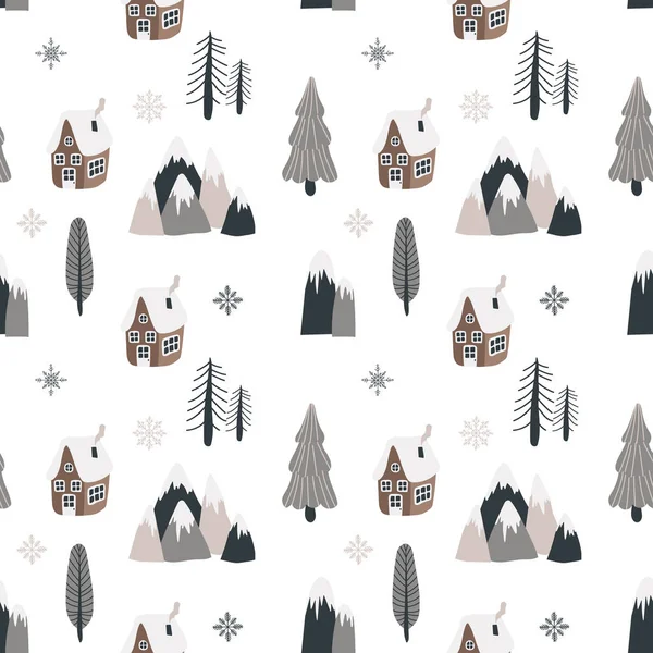 Seamless Scandinavian Pattern Hand Drawn Houses Mountains Trees Vectral Pattern — Stock Vector