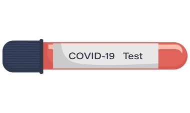 COVID-19 için kan örneğiyle birlikte test tüpü, koronavirüs testi. Test sonuçları Coronavirus Covid-19. Beyaz arkaplanda izole edilmiş düz stil test tüpünün vektör illüstrasyonu.